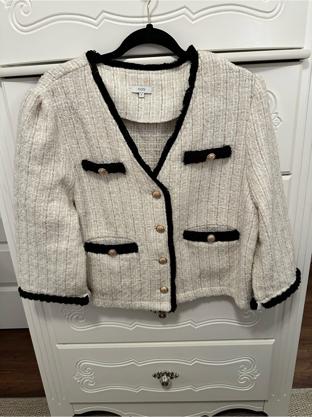 VOY Cream Bouclé Blazer with Black Trim